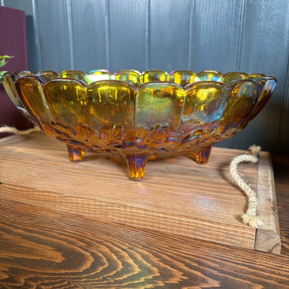 Vintage Indiana Glass Harvest Grapes Carnival Glass Footed Oval Fruit Bowl - Picture 6 of 16